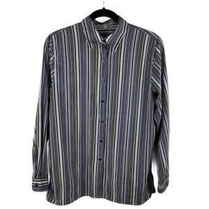 Foxcroft Button Up Shirt Women's 10 Navy Stripe